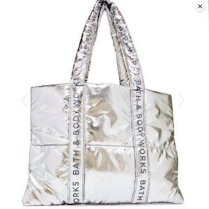 NEW Bath & Body Works Metallic Silver Puffer Tote Bag